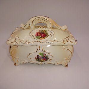 Vintage Royal Sealy Trinket Box Victorian Couple Man Woman Cream Gold Tone Trim